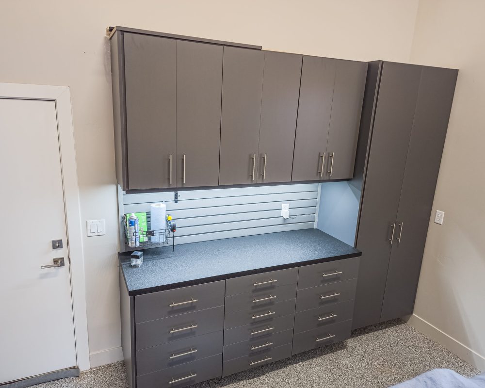 Workbench with Add on Lighting a grey cabinet in a room